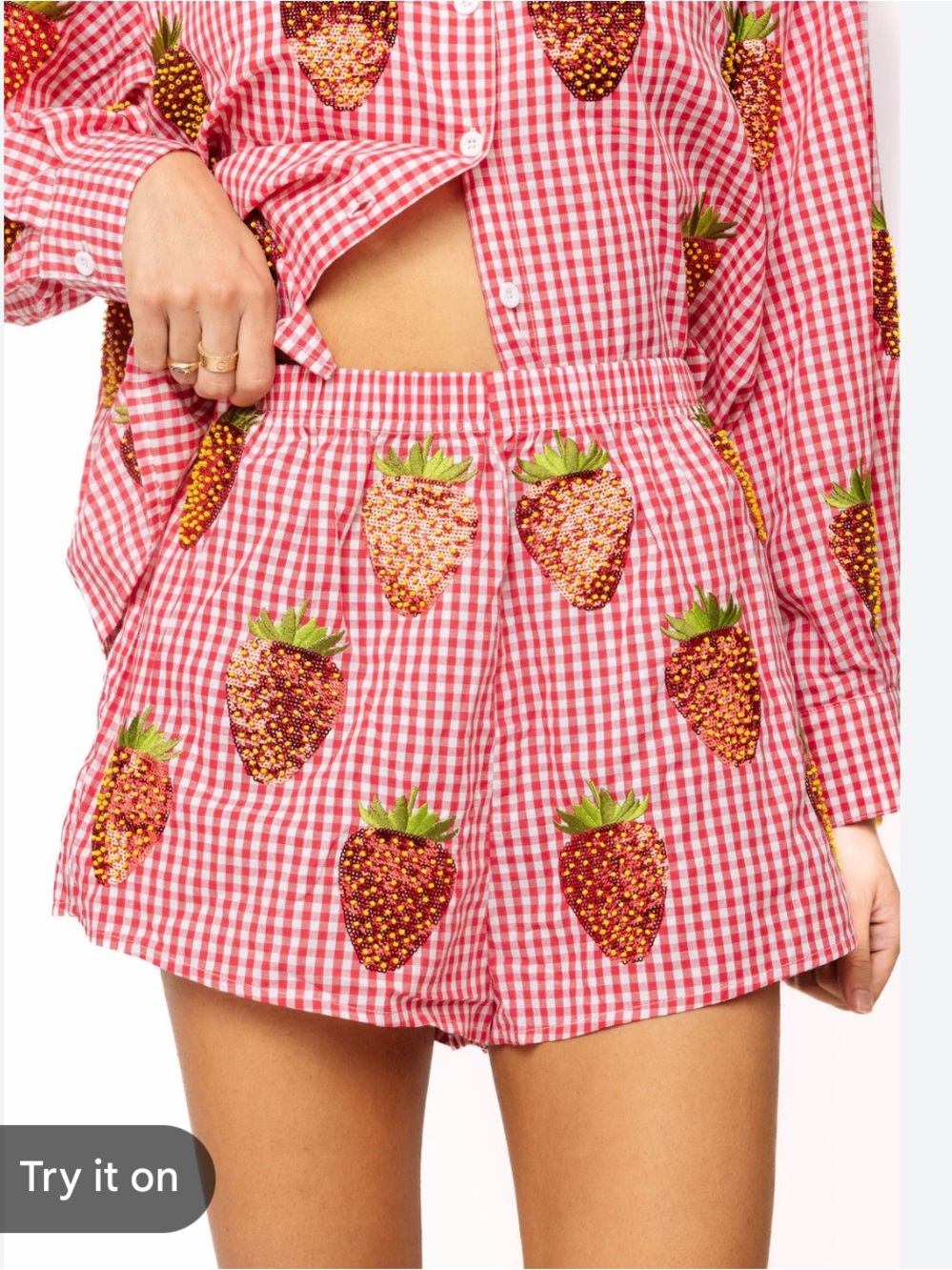 Queen Of Sparkles Gingham Beaded Strawberry Shorts Red White XXL NWT Sequin - Picture 4 of 10